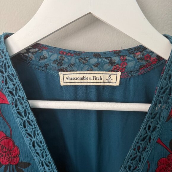 Abercrombie & Fitch y2k Boho Teal Blue Red Floral Crochet Babydoll Mini Dress - Picture 3 of 6